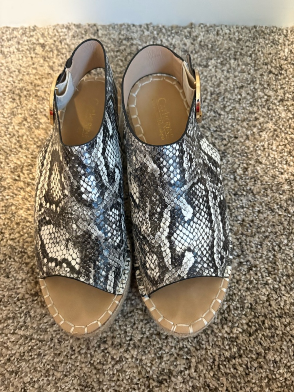 Grey Snake-Print Peep-Toe Espadrille Wedges